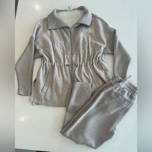 Varley Taupe Ribbed Zip-Up Jacket and lounge pants.